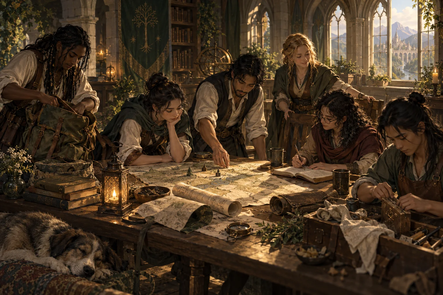 Original imagined fantasy illustration of six unnamed adults planning together around a wooden table, each contributing through study, preparation, inclusion, strategy, organization or craft