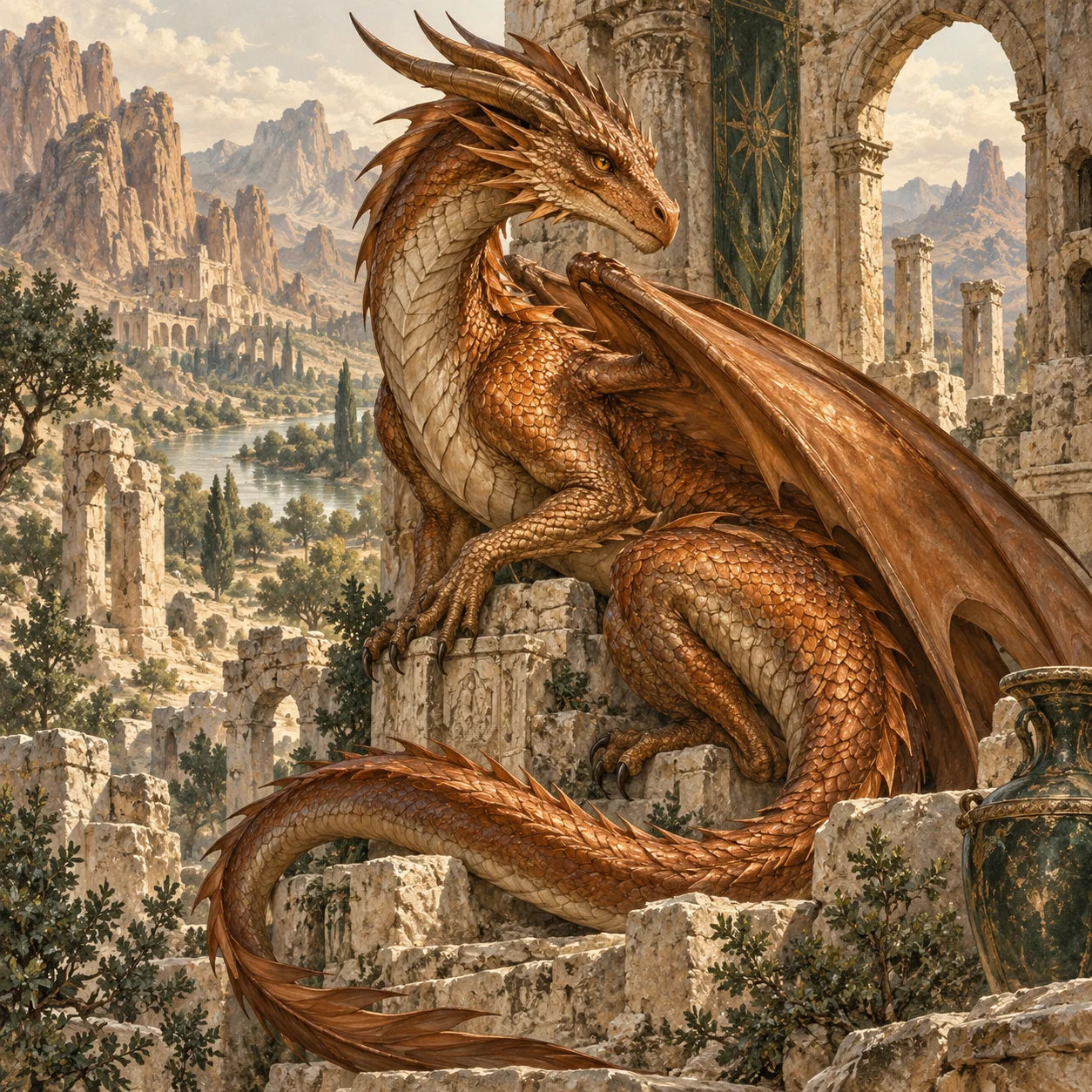 Original orange and copper dragon illustration among stone arches and ruins.