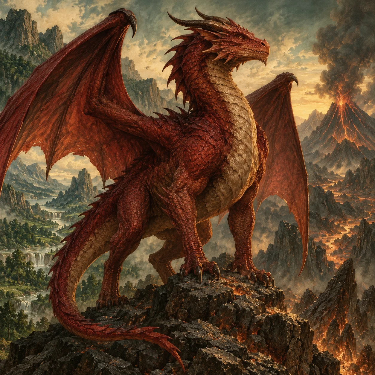 Original red dragon illustration beside glowing lava and volcanic rock.
