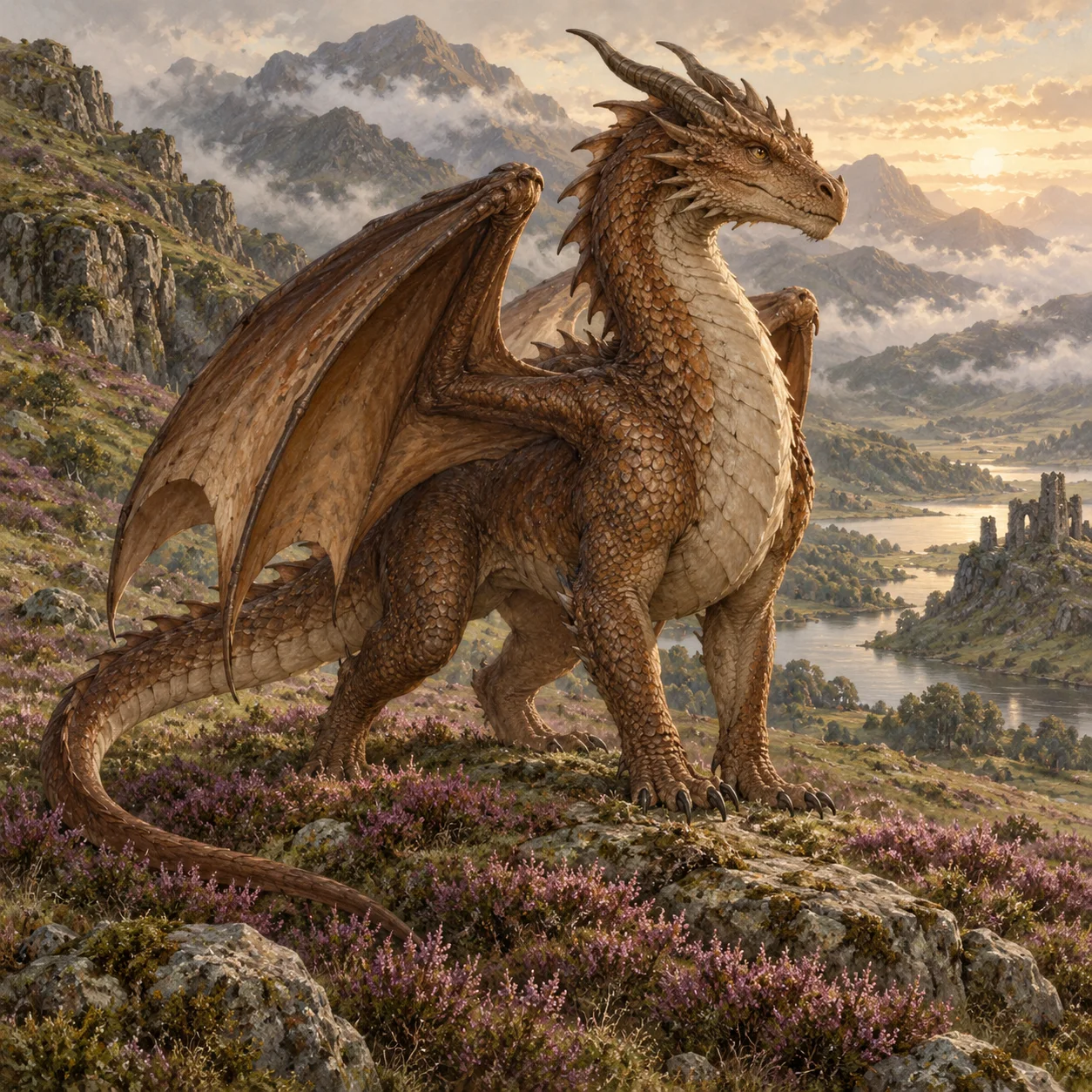 Original brown dragon illustration overlooking heather-covered hills and a lake.