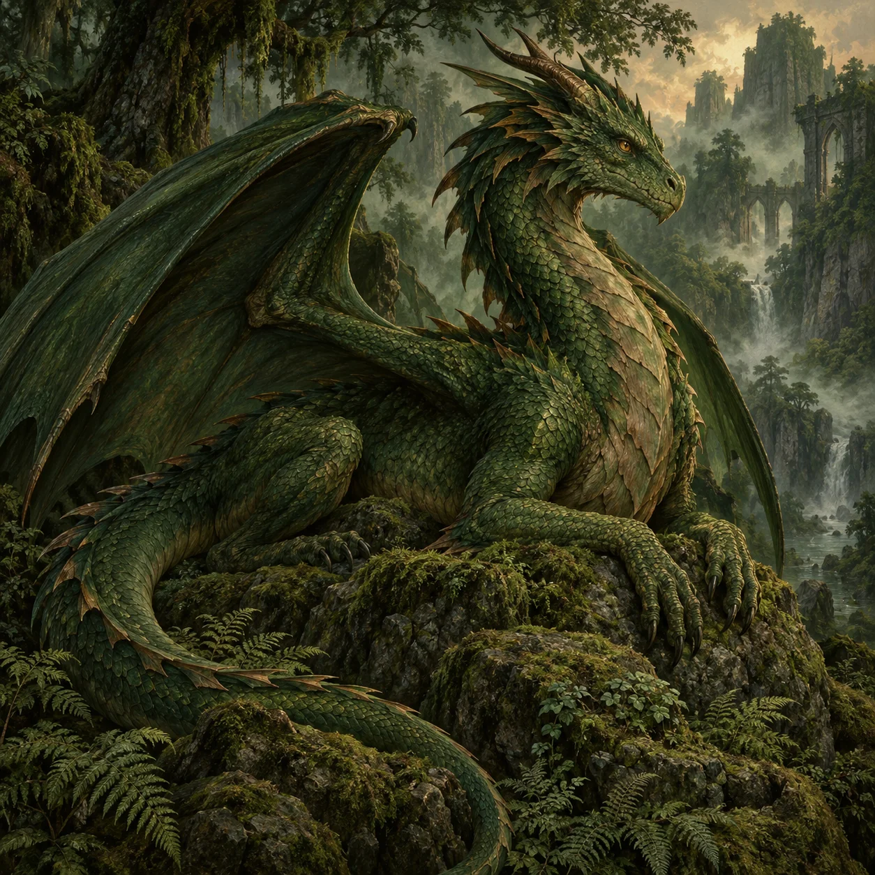 Original green dragon illustration among moss-covered rocks and trees.