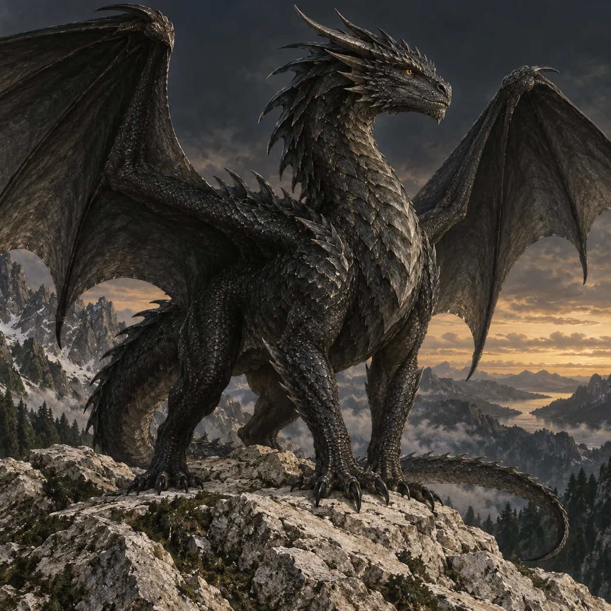 Original black dragon illustration above snowy mountain peaks; not a portrait of a named character.