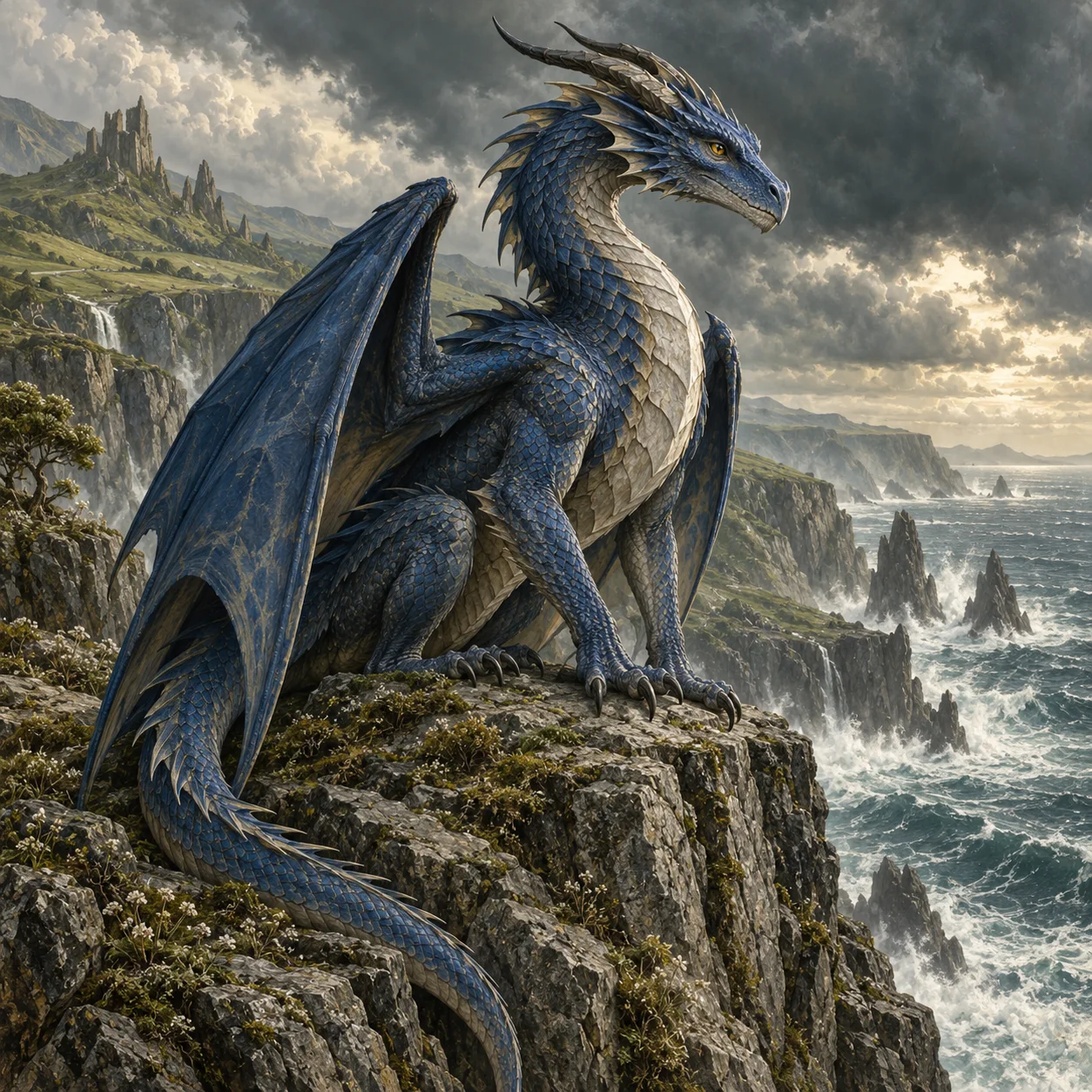 Original blue dragon illustration on a cliff above the sea.