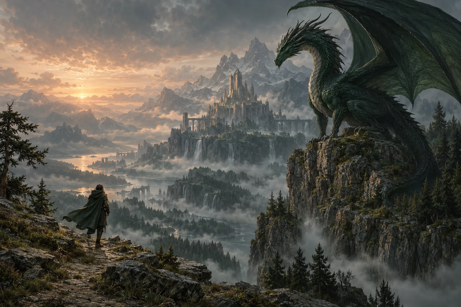 Original painting of a lone rider facing an emerald dragon in a misty mountain valley