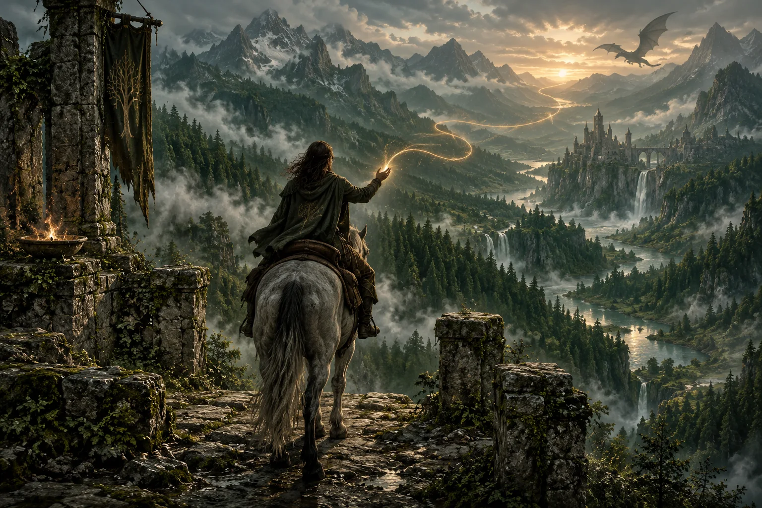 Original fantasy artwork of an unnamed mounted traveller reaching toward a golden trail of light above a forested mountain valley, with a distant dragon